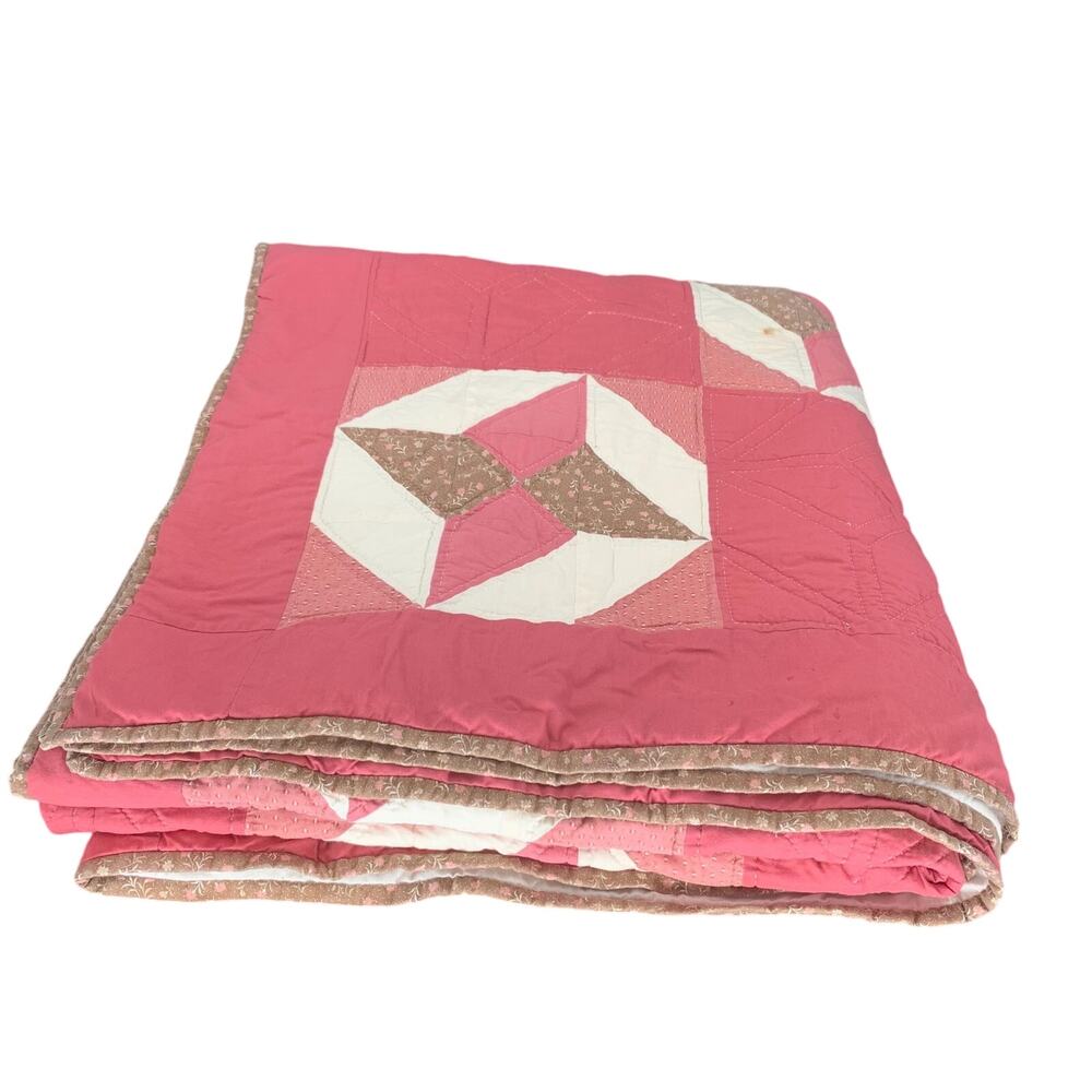 Vintage Star Pink  Brown Cutter Quilt Hand Quilted 188"x172" Cotton Imperfect